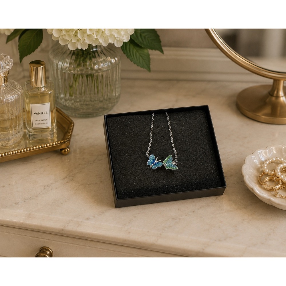 Silver Tone Double Butterfly Rhinestone Necklace Blue Green Pendant